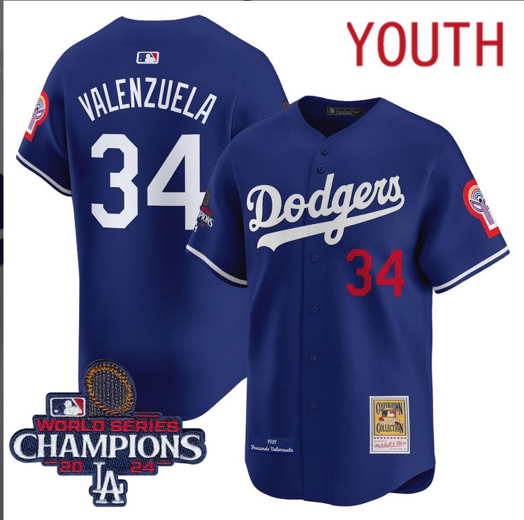 Youth  MLB Los Angeles Dodgers #34 Valenzuela blue 2024 World Series Champions Patch Cooperstown Jersey->youth mlb jersey->Youth Jersey